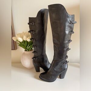 Gianni Bini Samonne Black Tall Genuine Leather Heeled Buckle Boots 6.5